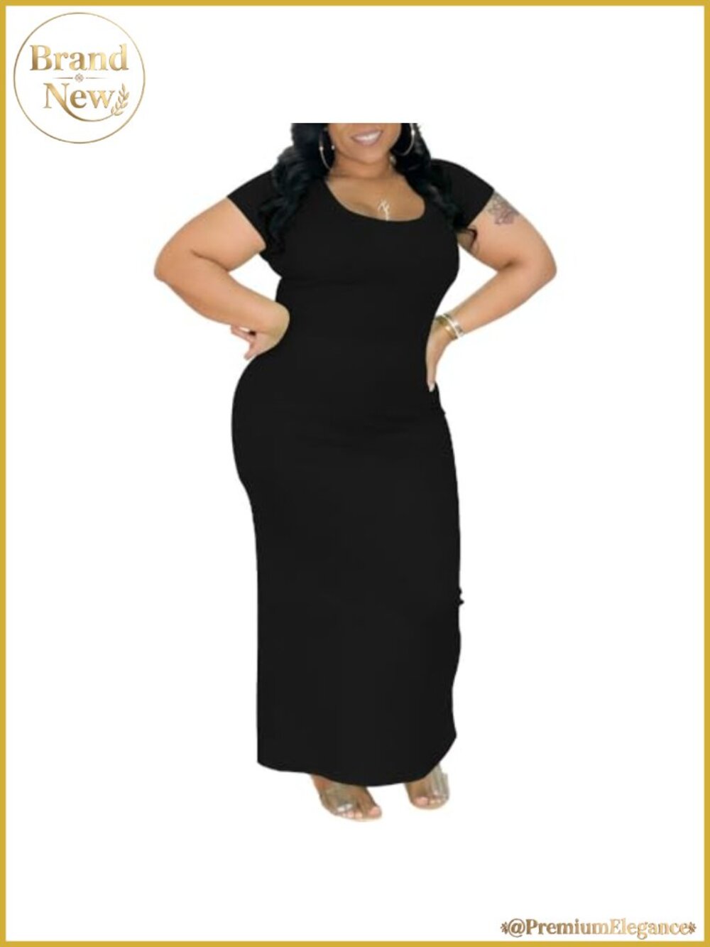 Plus Size Bodycon Maxi Dress Stretchy Knit Short Sleeve Scoop Neck Long Dress